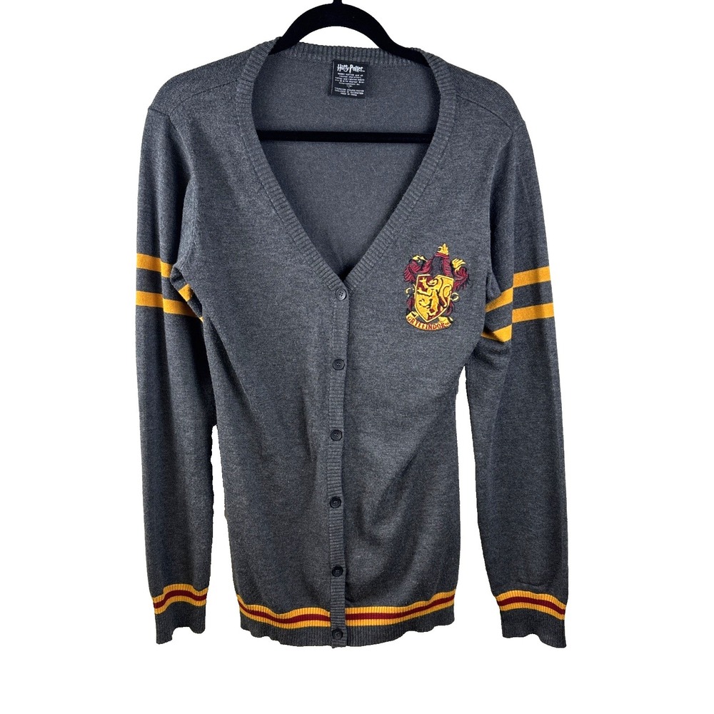 Harry Potter Gryffindor Varsity Cardigan V-Neck Gray Sweater Crest Patch Sz L
